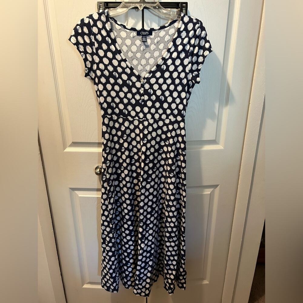 Chaps Blue and White Polka Dot V-neck Size Small dress